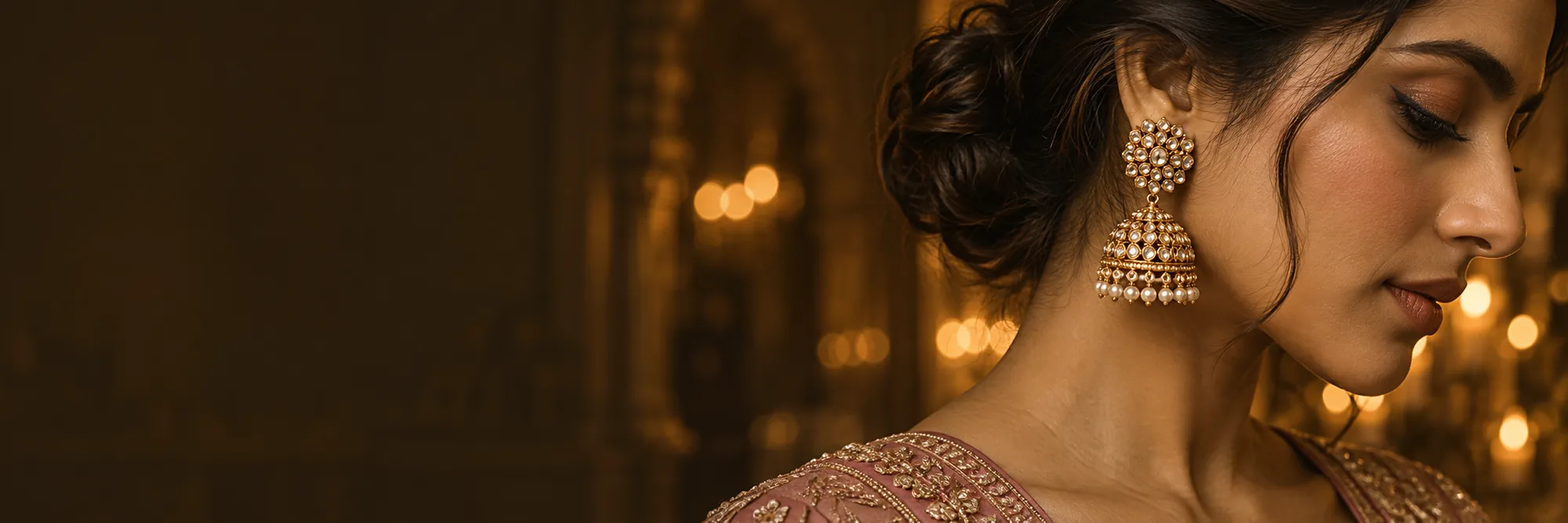 Close-up of a woman wearing an ornate gold jhumka earring