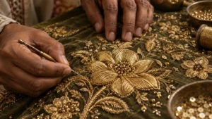 Skilled hands stitching gold zardozi flowers onto olive silk