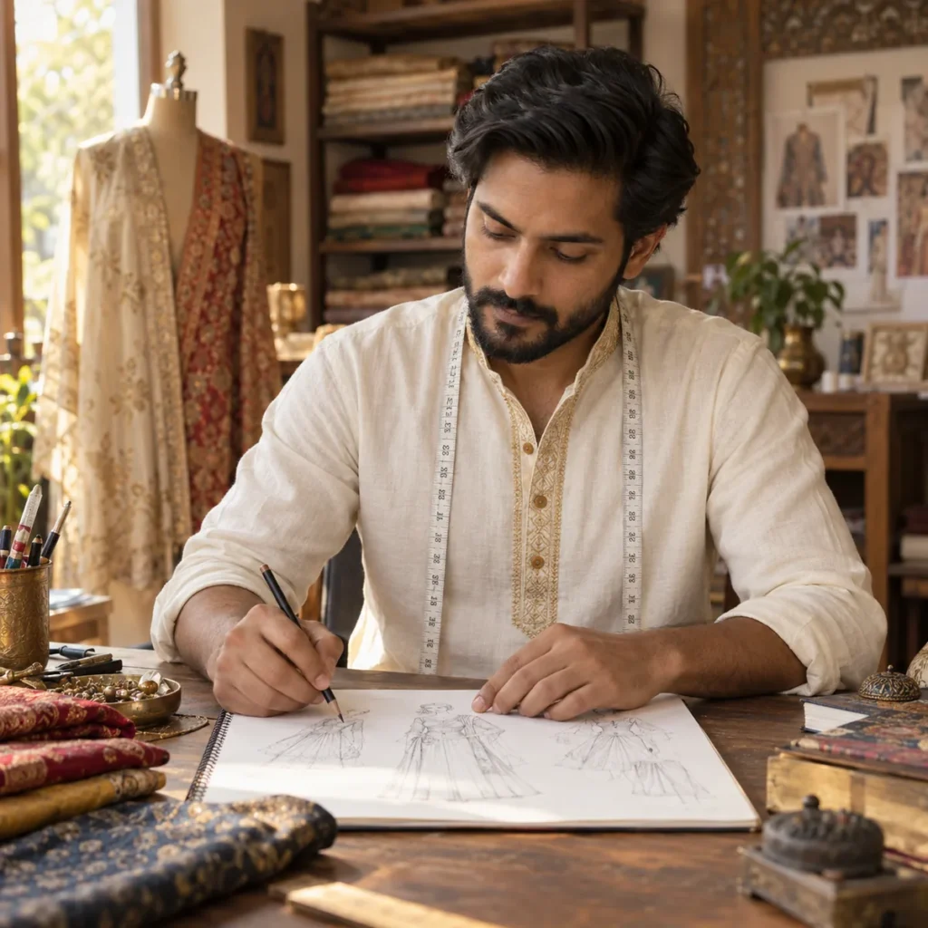 Indian designer sketching couture designs in his atelier