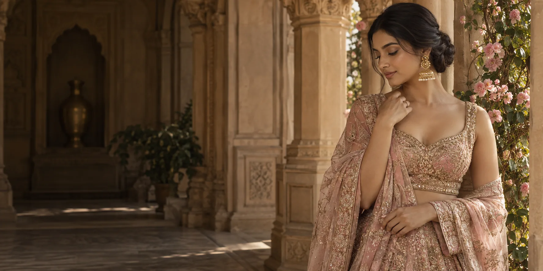 Woman in blush silk couture with gold embroidery in a sandstone palace