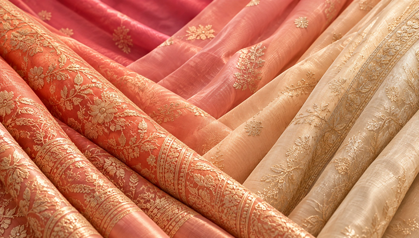 Folded silks in blush, coral and champagne tones