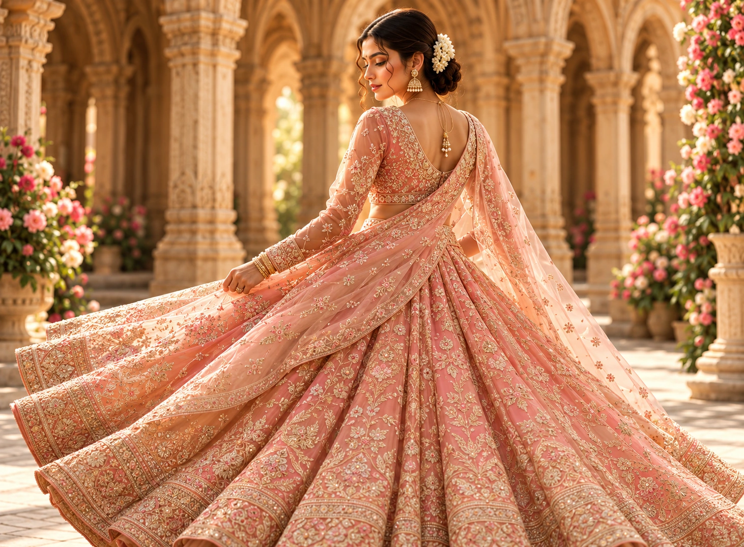 Bride turning in a flowing peach embroidered lehenga