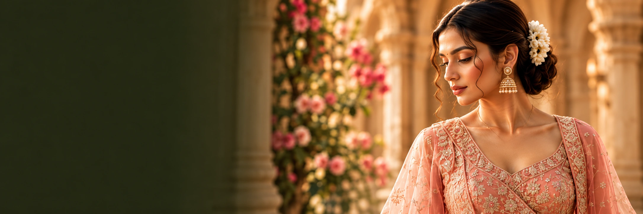 Bride in peach couture in a warm sandstone palace