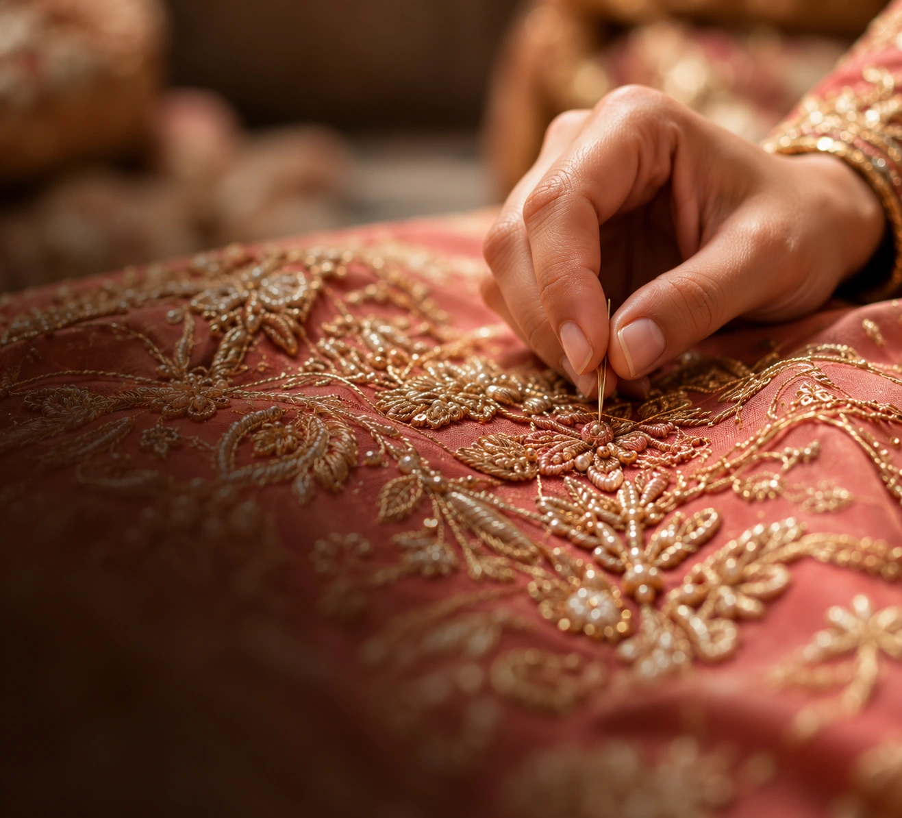 Artisan stitching gold floral embroidery onto coral bridal silk