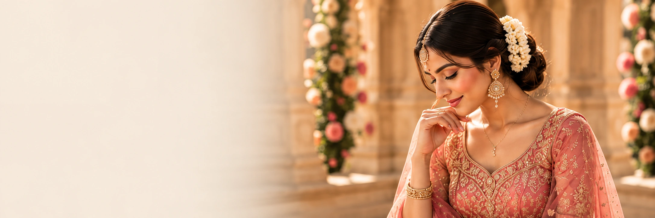 Bride in coral silk with gold embroidery and jasmine flowers in her hair