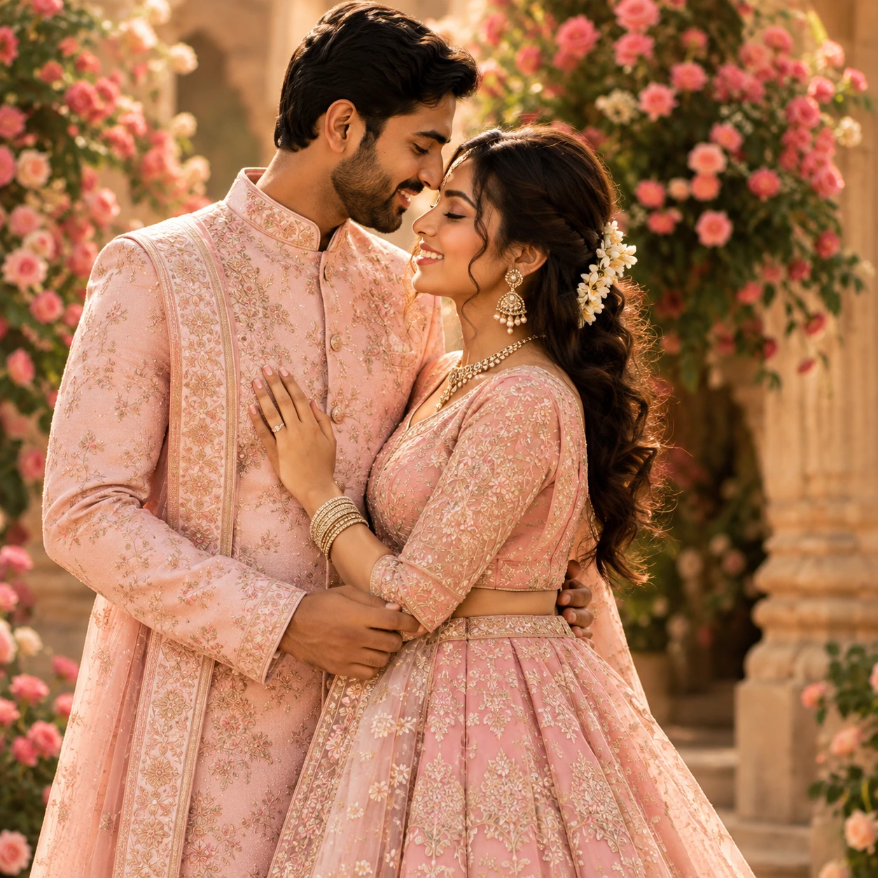 Blush couple beneath a rose arch