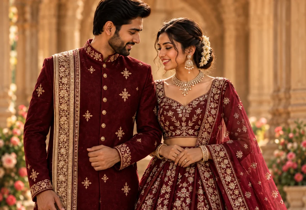 Maroon Royal Couple Set — maroon velvet sherwani with a coordinating lehenga