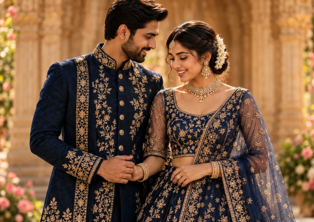 Navy Blue Couple Set — navy silk indo-western jacket set with a draped lehenga
