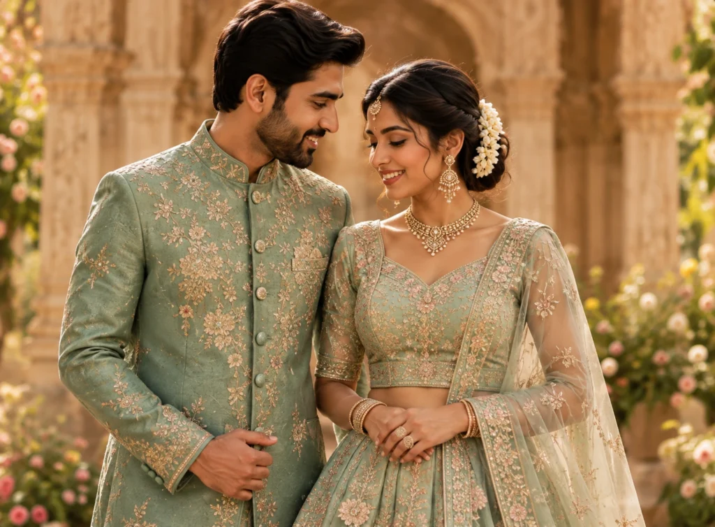 Sage Green Couple Set — sage silk kurta with a matching mirror-work lehenga