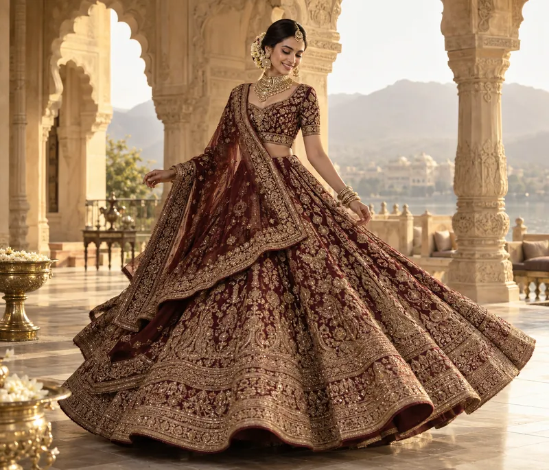 Regal Bridal Lehenga in deep red and gold