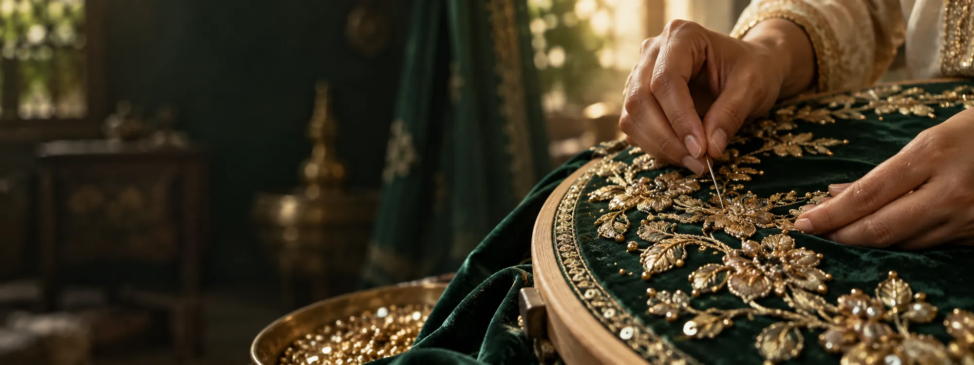 Artisan hand-embroidering gold thread onto dark green velvet