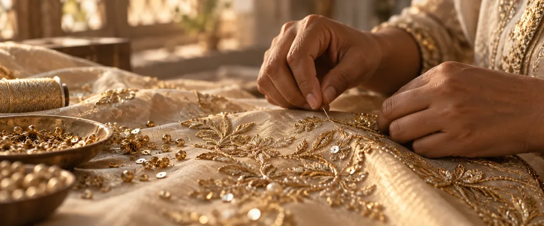 Hands embroidering gold floral motifs onto ivory silk
