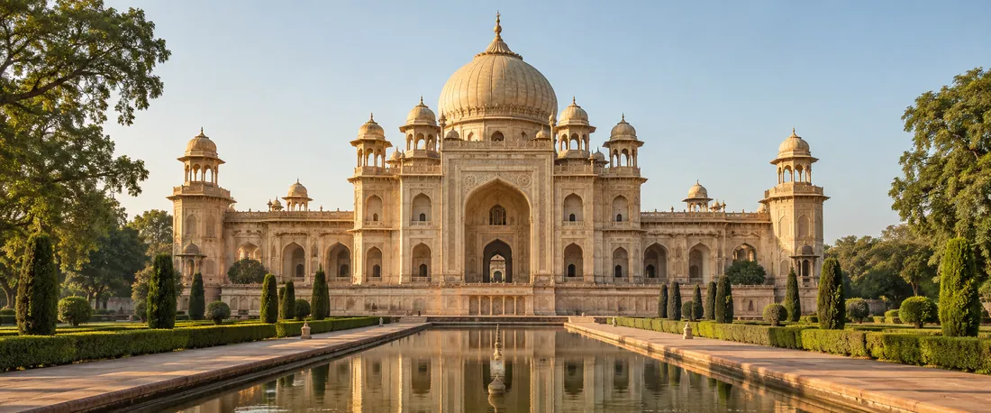 Domed Indian palace beside a long reflecting pool