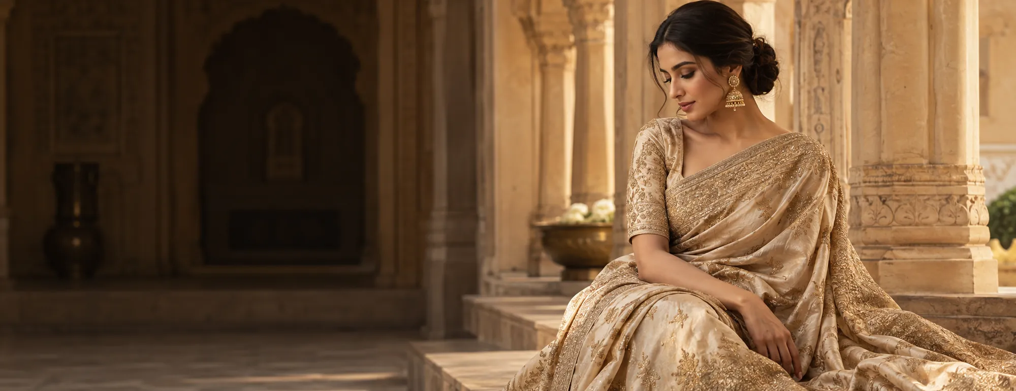 Indian woman wearing an intricate gold saree in a sandstone palace