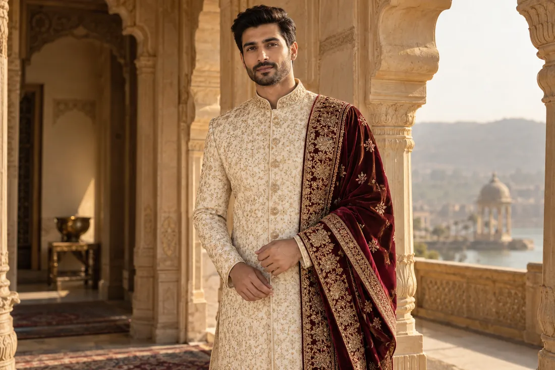 Man in an ivory sherwani with a maroon embroidered shawl