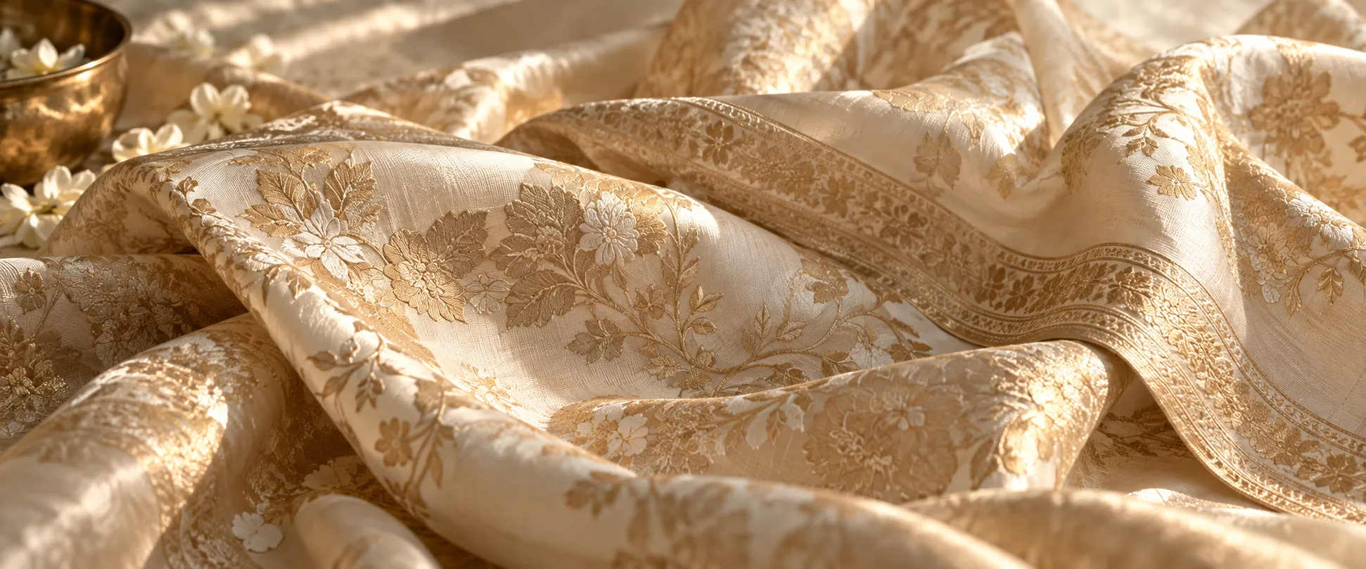 Luxurious champagne silk with woven floral details