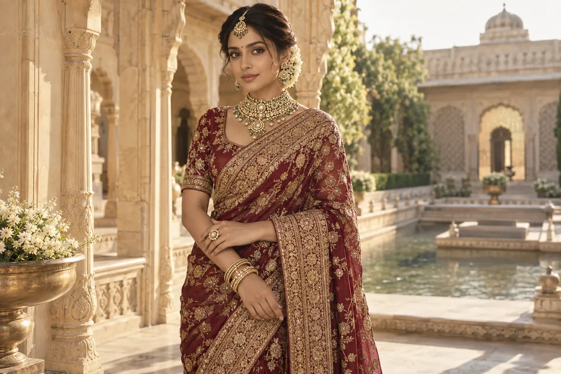 Woman in maroon and gold bridal couture in a palace courtyard