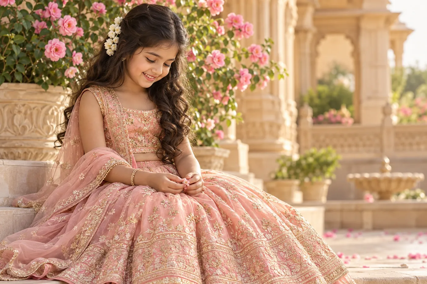 A girl in a peach lehenga enjoying a quiet moment among flowers