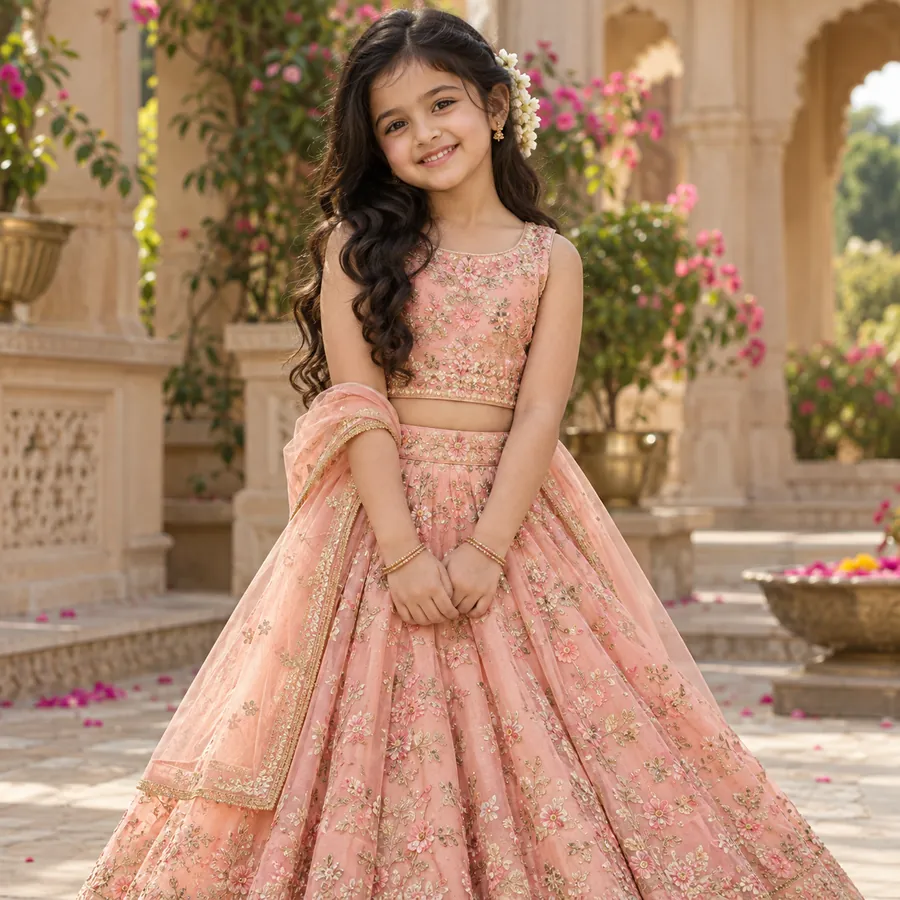 Peach Handembroidered Lehenga Set for girls