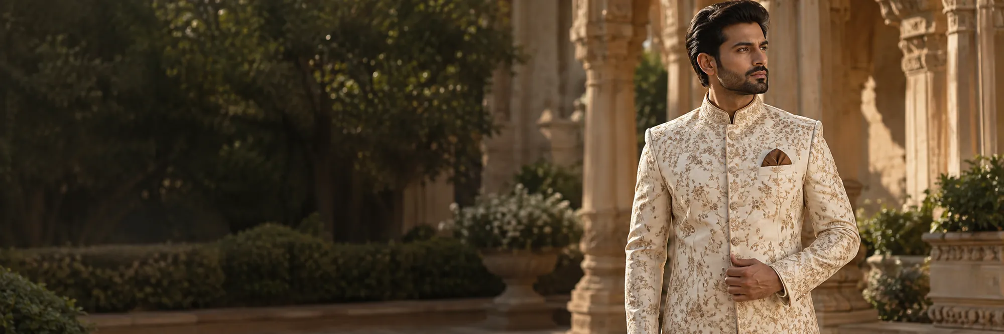 Man wearing an ivory gold-embroidered sherwani in a sandstone palace