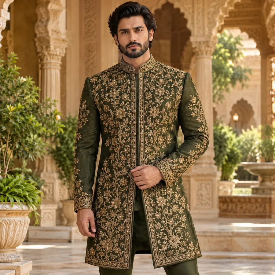 Olive regal sherwani set