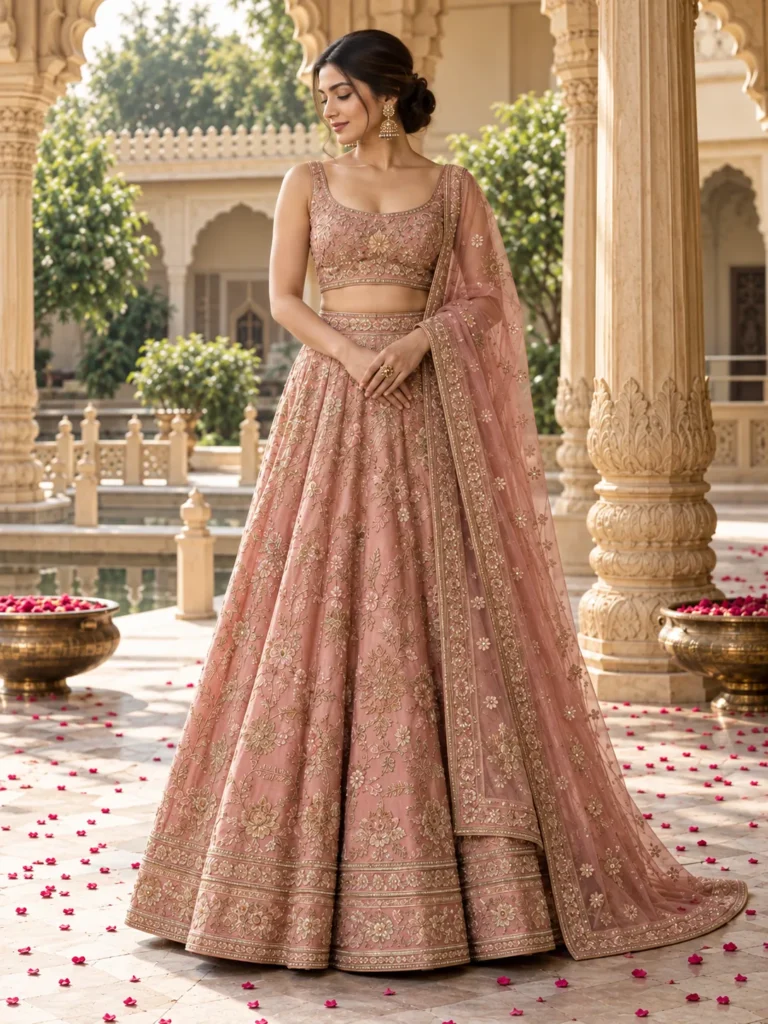 Peach handembroidered lehenga set, front view