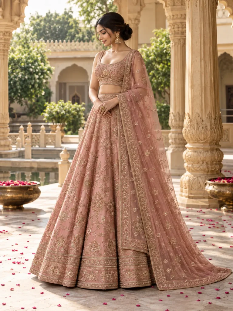 Peach handembroidered lehenga set, three-quarter view