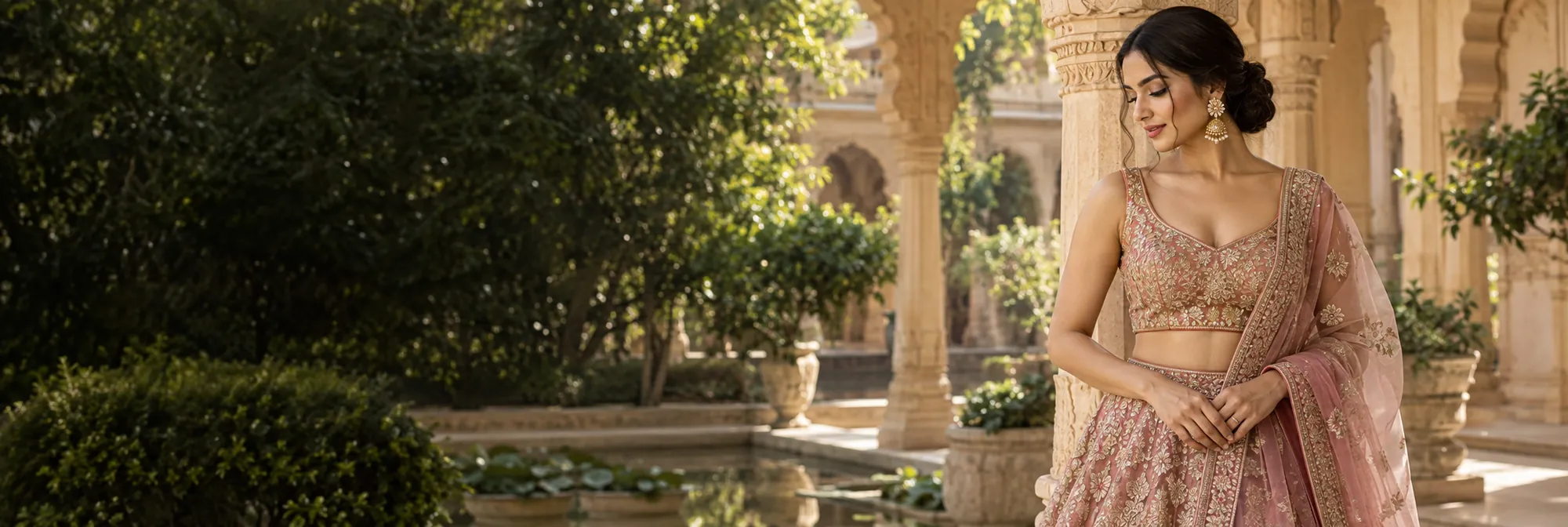 Woman in peach embroidered couture in a sandstone palace
