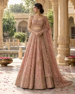 Peach hand-embroidered lehenga set